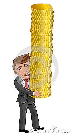 Cartoon Businessman carrying pile of golden coins Vector Illustration