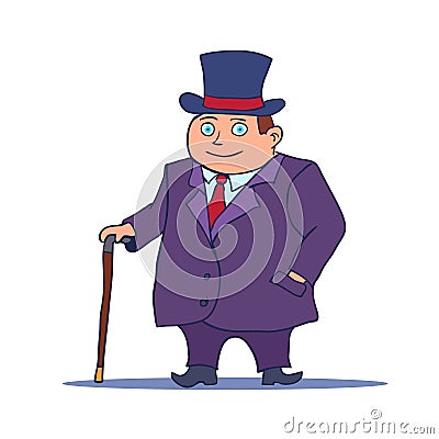 Cartoon Businessman Character with Cane and Top Hat. Vector Vector Illustration