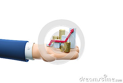 3d illustration. Cartoon businessman character hand hold a money grow concept. Cartoon Illustration