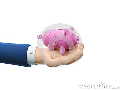 3d illustration. Cartoon businessman character hand holds piggy banks. The concept of saving money Cartoon Illustration