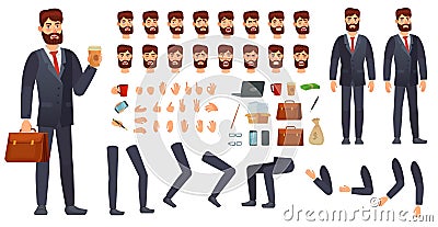 Cartoon businessman character kit. Business characters constructor, different hands gestures, face emotions and legs Vector Illustration