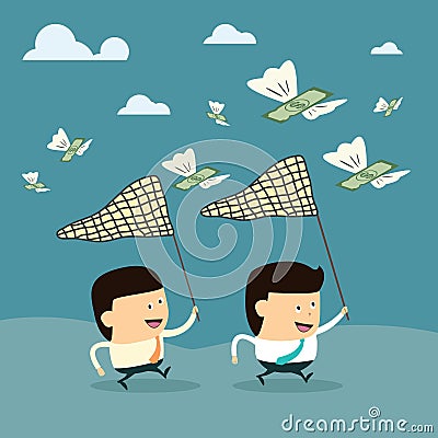 Cartoon Businessman chasing Money flying Vector Illustration