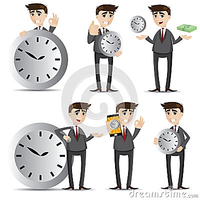 Cartoon businessman with clock set Vector Illustration