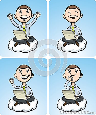 Cartoon businessman on a cloud with laptop various emotions Vector Illustration