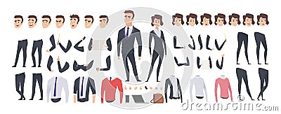 Cartoon businessman creation kit. Business woman and man or managers constructor, body gesture and hairstyle and Vector Illustration