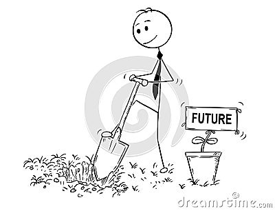 Cartoon of Businessman Digging a Hole for Plant with Future Sign Vector Illustration