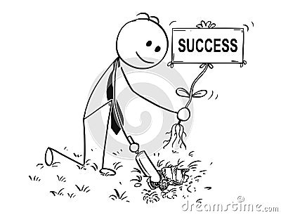 Cartoon of Businessman Digging a Hole for Plant with Success Sign Vector Illustration