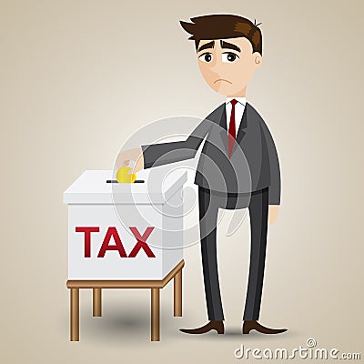 Cartoon businessman drop gold coin in tax box Vector Illustration