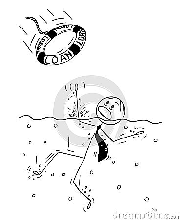 Cartoon of Businessman Drowning in Water, Someone Just Throw Him Loan as Lifebuoy Vector Illustration