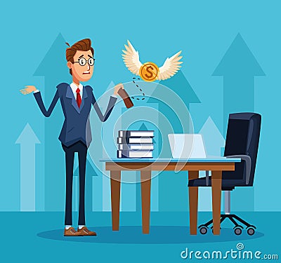 Cartoon businessman with empty wallet and offic desk with laptop computer and books Vector Illustration