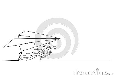 businessman flying paper airplane origami as glider with telescope to see future. Future forecast or discover new idea Vector Illustration