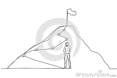 Cartoon of businessman following the lines leading to the top of success. Single line art style Vector Illustration