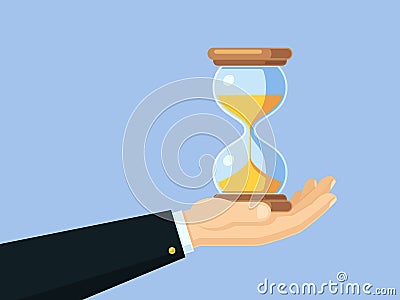 Cartoon businessman hand holding antique hourglass. Time management vector business concept with sand clock Vector Illustration