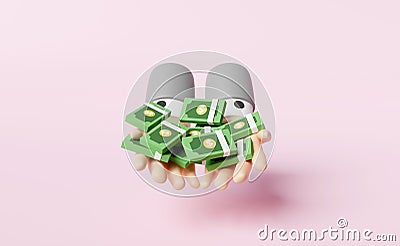 Cartoon businessman hands holding banknote isolated on pink background. quick credit approval or loan approval concept, 3d Cartoon Illustration