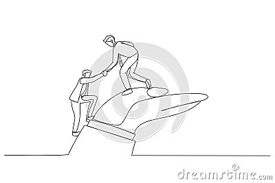 Cartoon of businessman helps companion climb to the giant hand. Continuous line art Vector Illustration