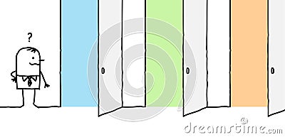 Cartoon businessman hesitating front of three different opened doors Vector Illustration