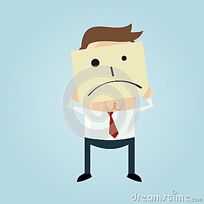Cartoon businessman hiding his face behind a sad face doodle Vector Illustration