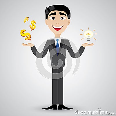 Cartoon businessman holding idea bulb and money Vector Illustration