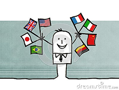 Cartoon businessman with international flags Cartoon Illustration