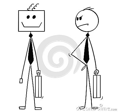 Cartoon of Businessman Looking Unhappy at His Robotic Artificial Intelligence or AI Robot Colleague or Replacement Vector Illustration