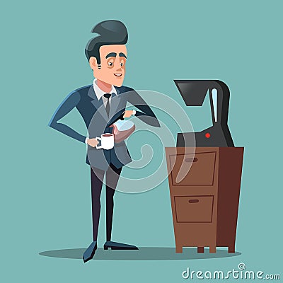 Cartoon Businessman Making Coffee. Work Break Vector Illustration