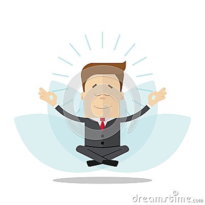 Cartoon businessman or manager meditates in the lotus position. Isolated on white background. Vector Illustration