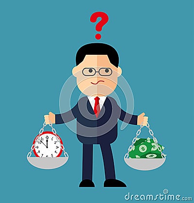 Cartoon businessman, the manager with weights in his hands is to choose time or money. Vector Illustration