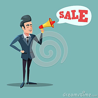 Cartoon Businessman with Megaphone Promoting Sale. Big Discount Vector Illustration