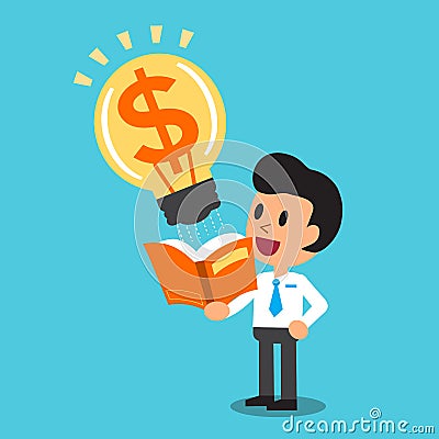 Cartoon businessman open a book that has big money idea Vector Illustration