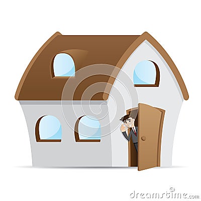 Cartoon businessman open house door Vector Illustration