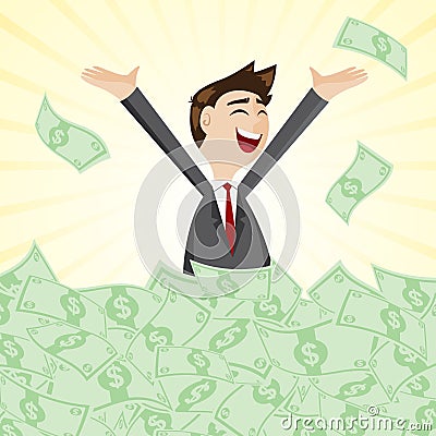 Cartoon businessman on pile of money cash Vector Illustration