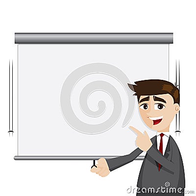 Cartoon businessman pull down presentation board Vector Illustration