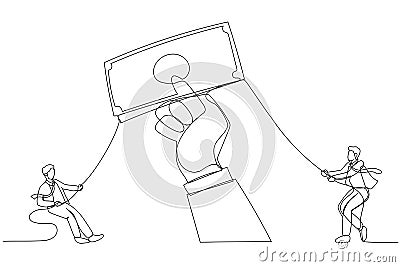 Cartoon of businessman pull money in the hands of giants. Single continuous line art style Vector Illustration