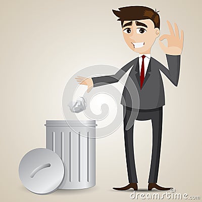 Cartoon businessman put paper in recycle bin Vector Illustration