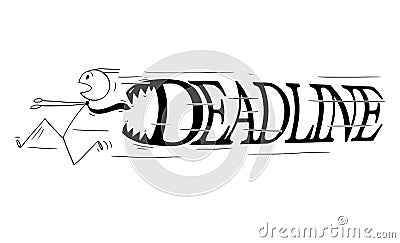 Cartoon of Businessman Running in Panic From Big Deadline Letters With Teeth Chasing Him Vector Illustration