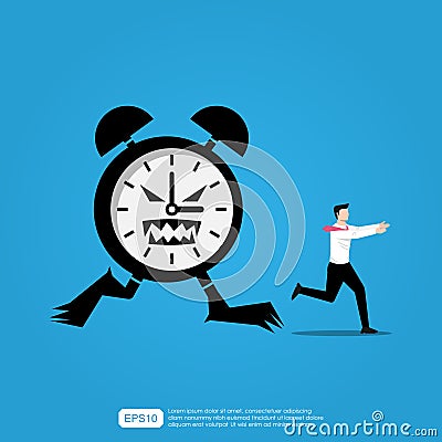 Cartoon of Businessman Running in Panic From Big Deadline With monster of clock Chasing Him Vector Illustration