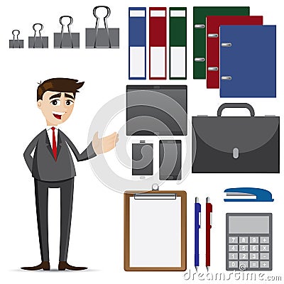 Cartoon businessman with set of office accessories Vector Illustration