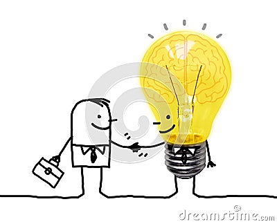 Cartoon Businessman Shaking Hands with Funny Light Bulb character Stock Photo