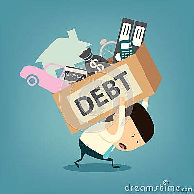 Cartoon businessman shoulder debt box Vector Illustration