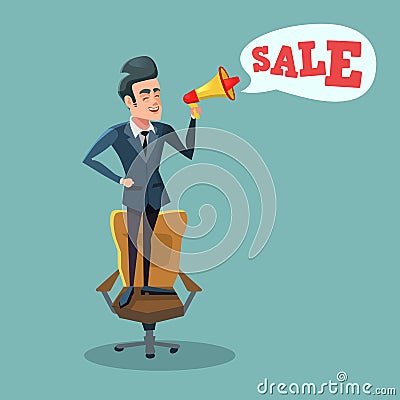 Cartoon Businessman Standing on Office Chair with Megaphone and Promoting Sale. Big Discount Vector Illustration