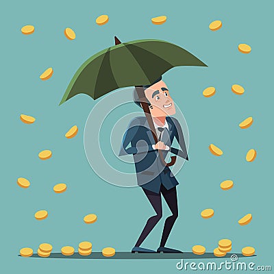 Cartoon Businessman Standing with Umbrella Under the Money Rain. Business Success Vector Illustration