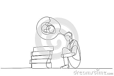 Cartoon of businessman in a state of depression confused concept of mental health. One line style art Vector Illustration