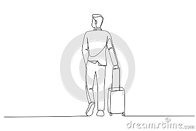 Cartoon of businessman in suit dragging suitcase luggage bag in the airport. One line art style Vector Illustration