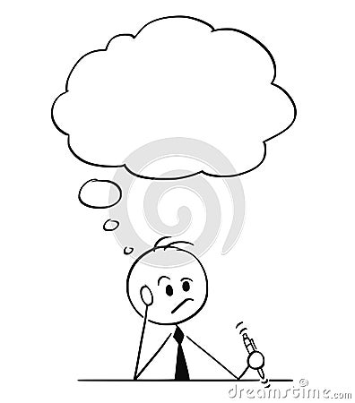 Cartoon of Businessman Thinking Hard with Pen in Hand and Text Balloon Above Vector Illustration