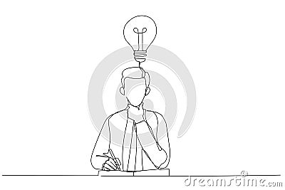 Cartoon of businessman thinking on productive ideas sitting at laptop and notepad for notes. One line art style Vector Illustration