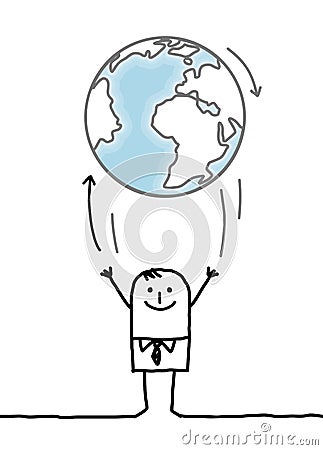 Cartoon businessman throwing up the Earth Vector Illustration