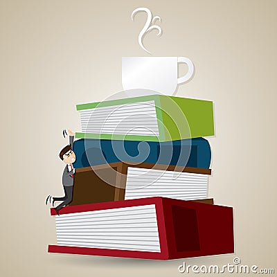 Cartoon businessman tried to climb stack of folder and book to g Vector Illustration