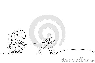 businessman trying to unravel tangled rope or cable. Single continuous line art style Vector Illustration