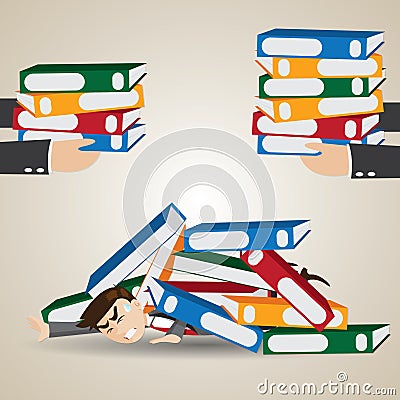 Cartoon businessman under pile of folder Vector Illustration