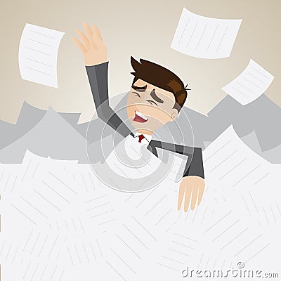 Cartoon businessman under pile of paper Vector Illustration